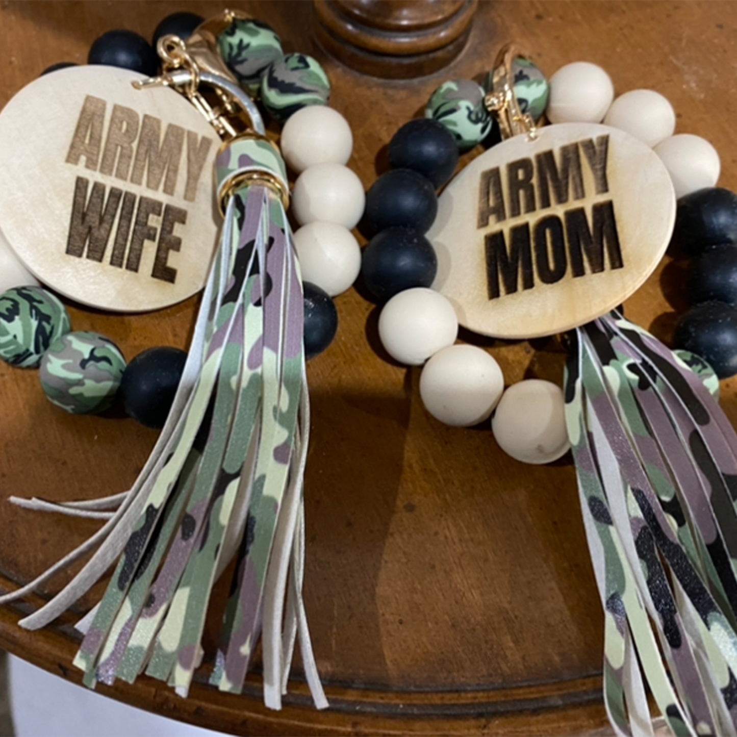 Personalized Military Wristlet Charm - Wooden Disc or Heart Add-On